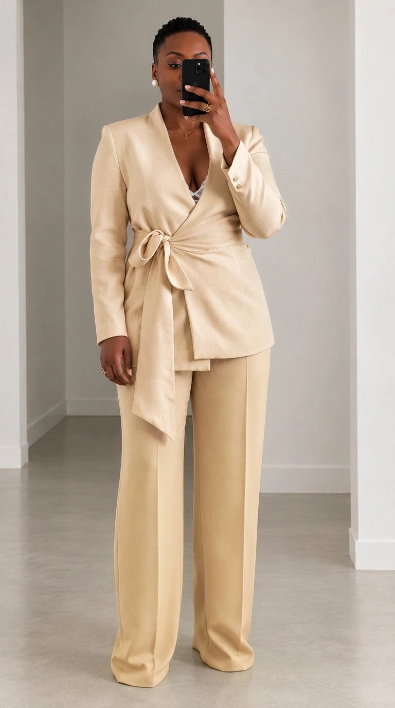 Women's Elegant Tie-Waist Wrap Blazer and Wide-Leg Trousers Two-Piece Suit Set