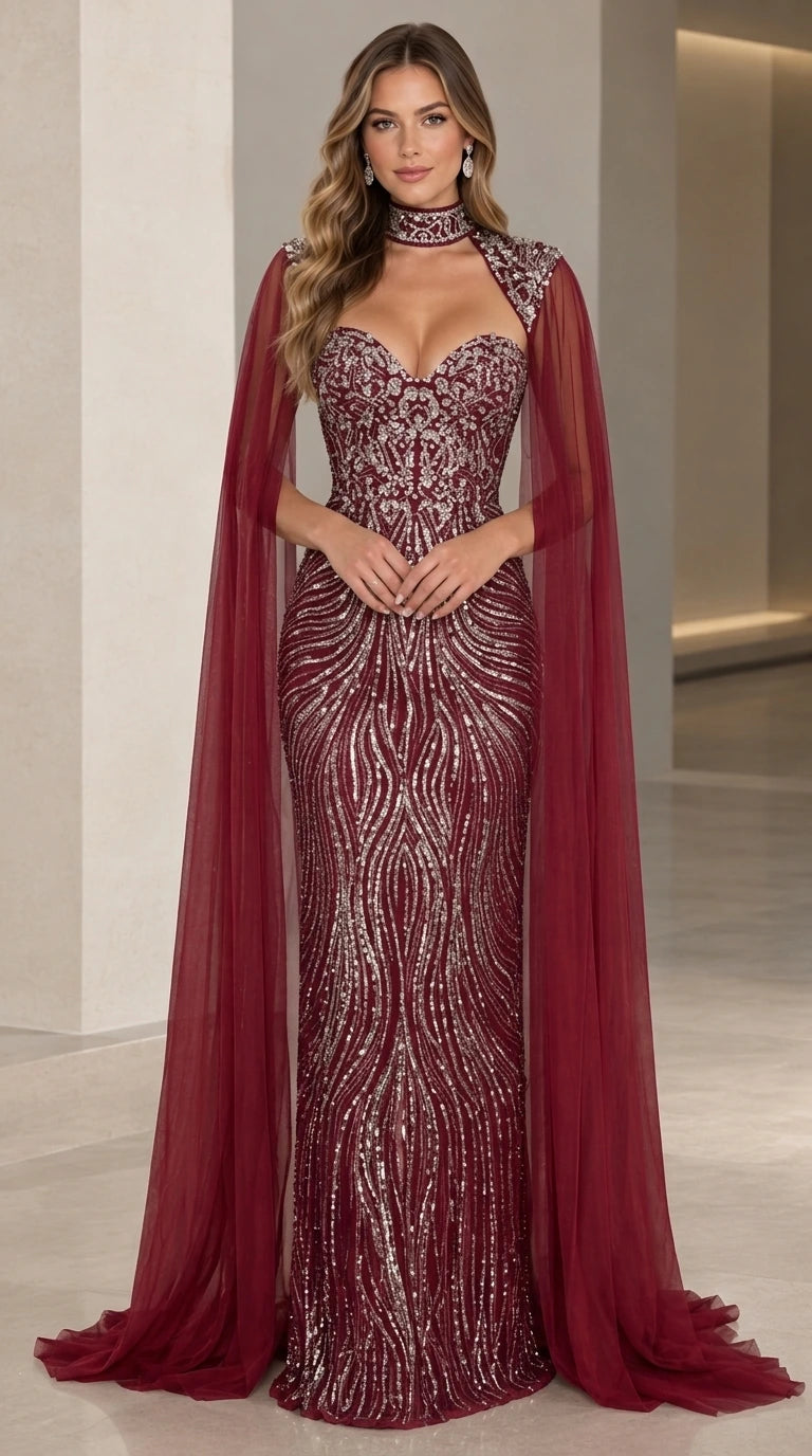 Sequined Sweetheart Evening Gown with Sheer Floor-Length Cape