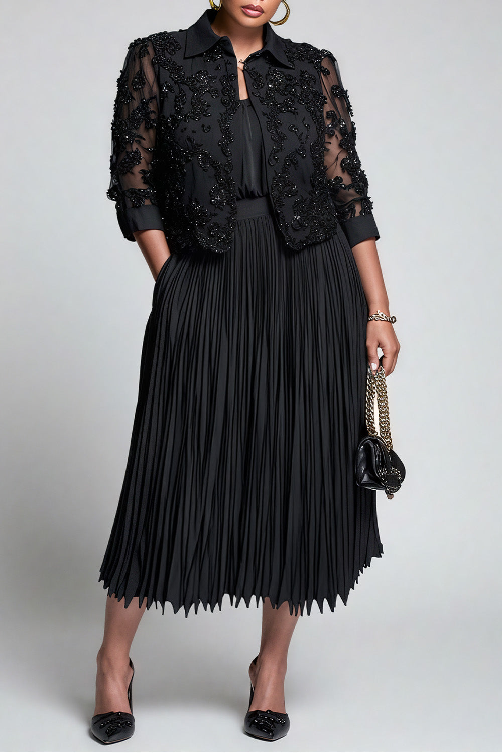 Churchs Black Shirt Collar 3/4 Sleeve Pleated Elegant Pocket Lace Two Piece Skirt Sets