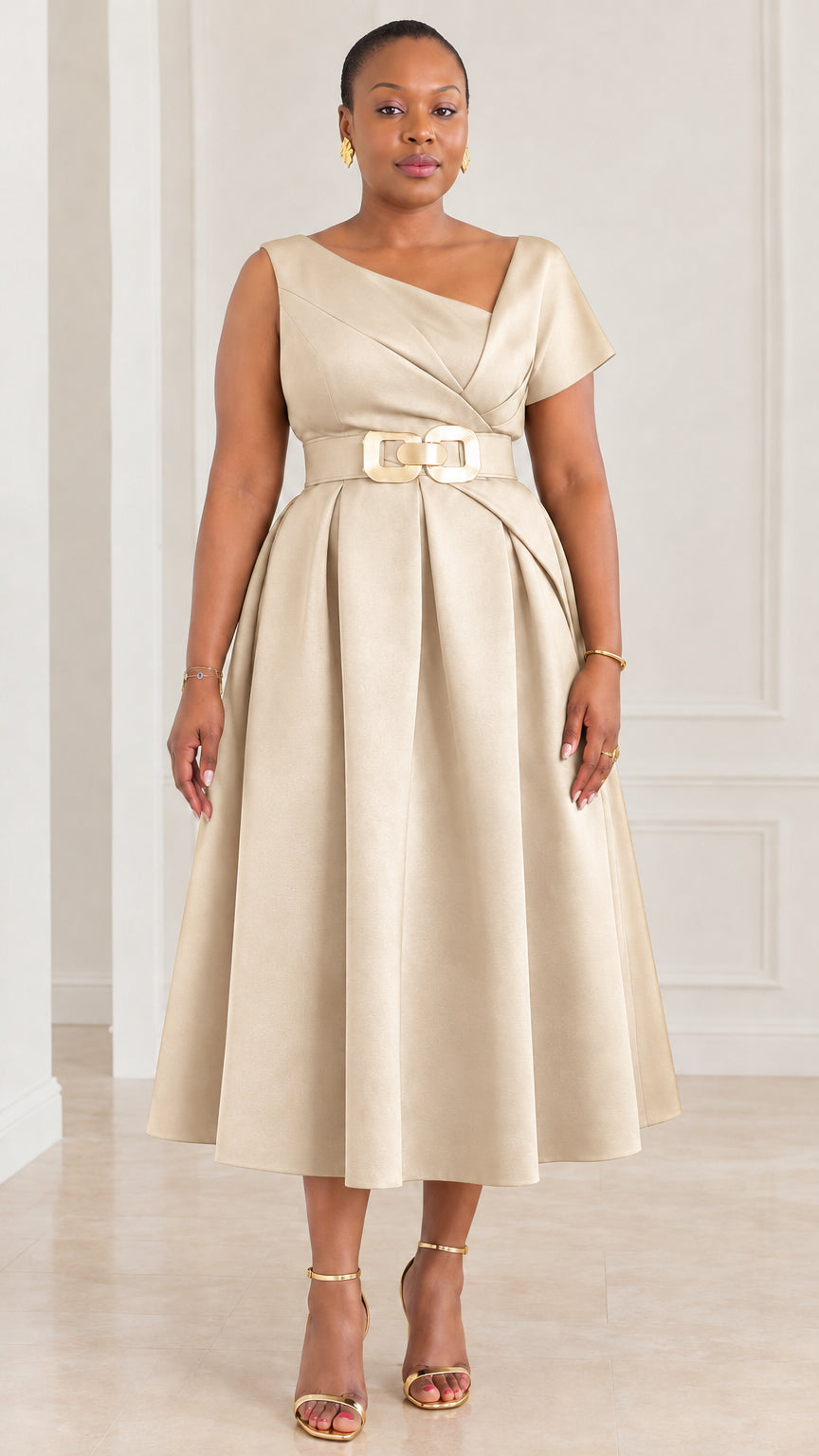 Asymmetrical Neckline Belted Pleated Midi A-Line Cocktail Dress