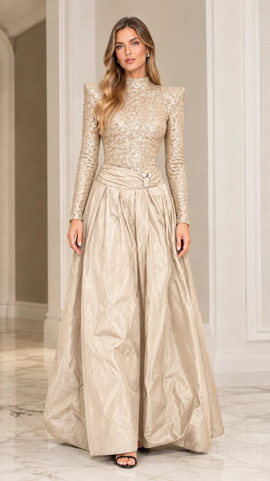 Sequined Mock Neck Open Back Maxi Ball Gown with Structured Shoulders