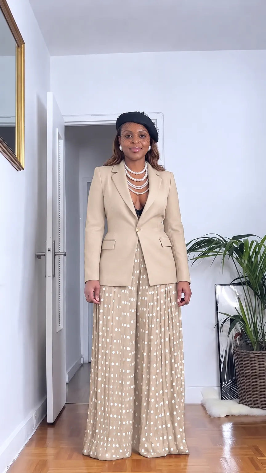 Women's Tailored Blazer and Polka Dot Pleated Wide-Leg Pants Set