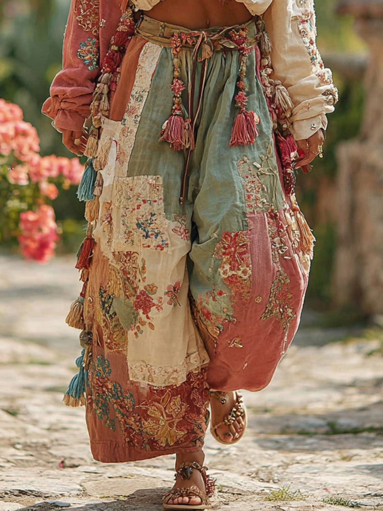 Women's Rose Floral Patchwork Waist Elastic Pocket Pants