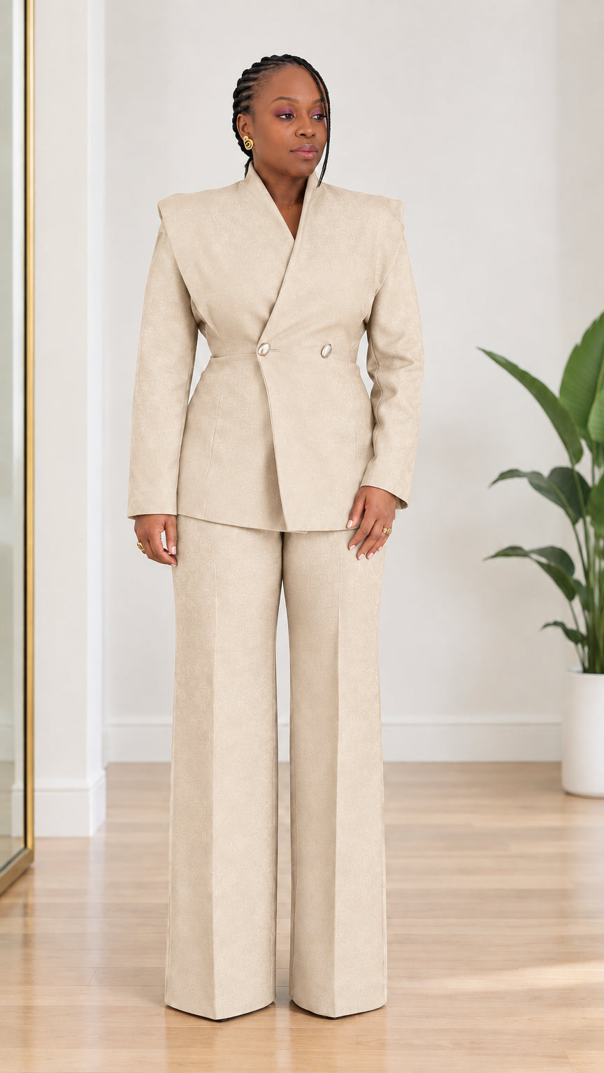 Women's Sculpted Collar Double-Breasted Blazer and Wide-Leg Pants 2-Piece Suit Set