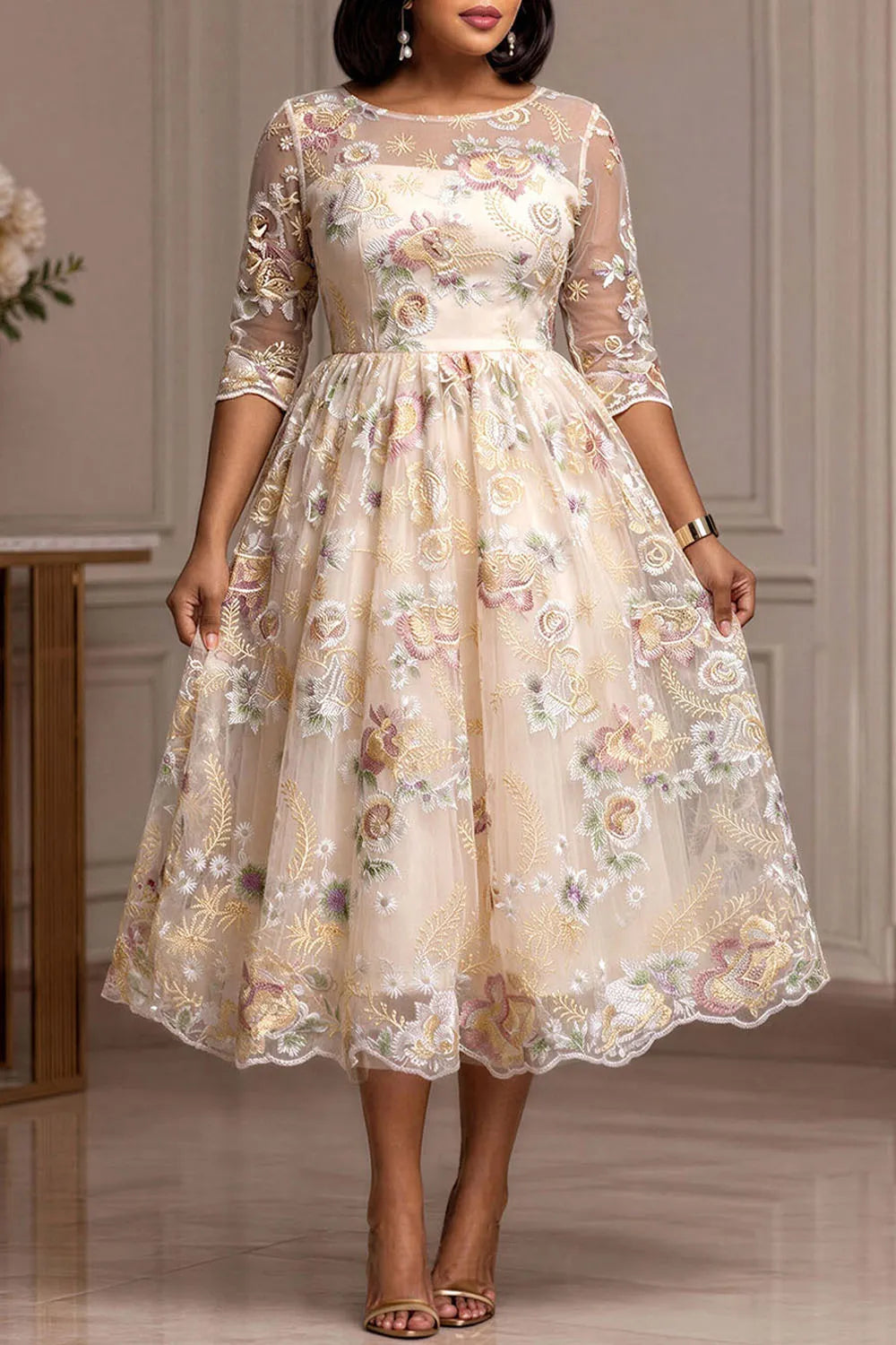 Cocktail Party Champagne Round Neck Half Sleeve Embroidery See Through Guipure Lace Midi Dresses