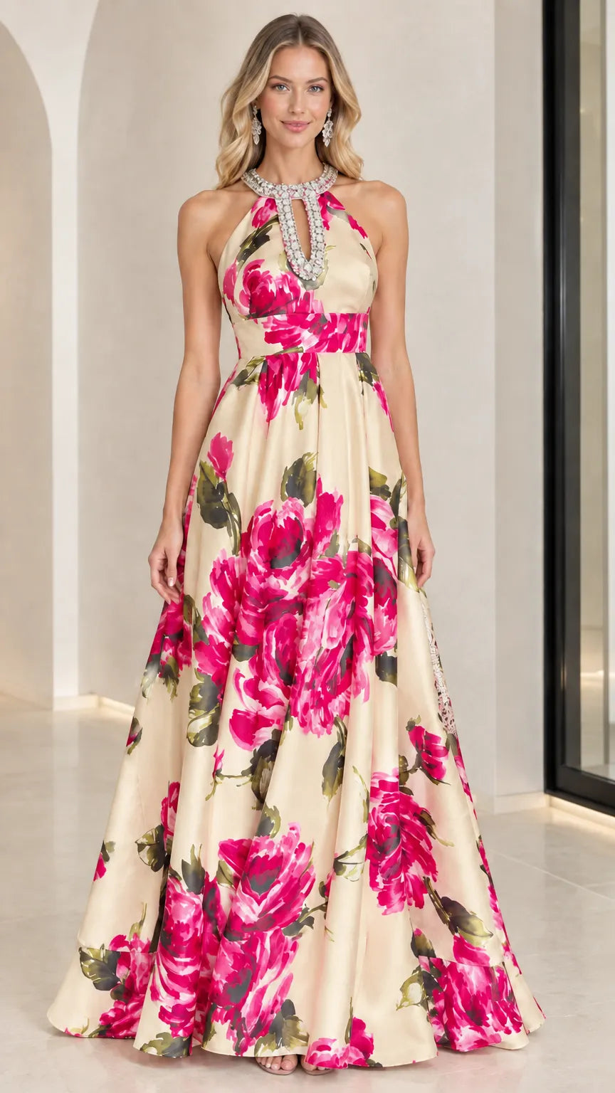 Floral Print Rhinestone Halter Neck A-Line Maxi Evening Gown