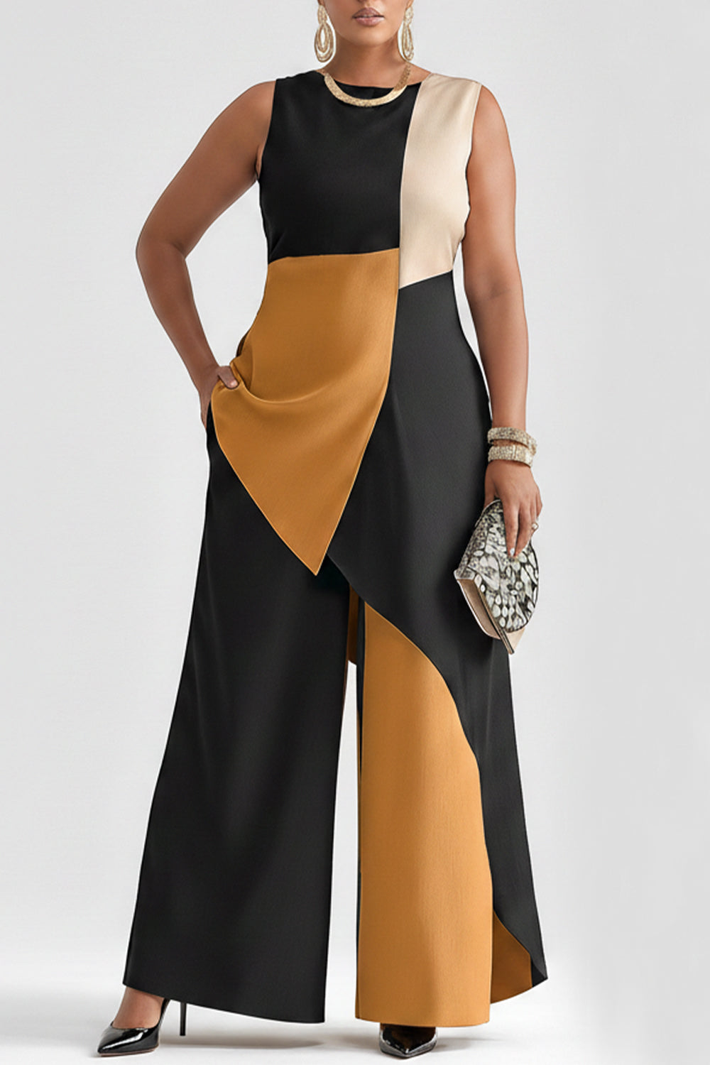 Business Casual Multicolor Colorblock Round Neck Asymmetric Hem Pocket Two Piece Pant Sets