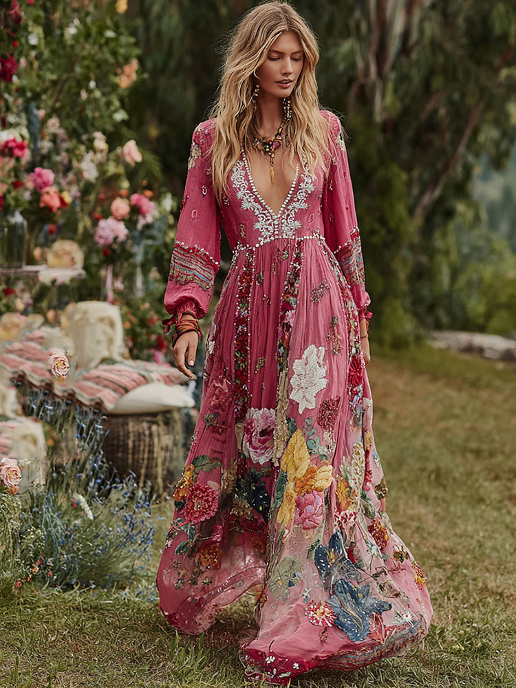 Women's Floral Art Print V-neck Long Sleeve Maxi Dress