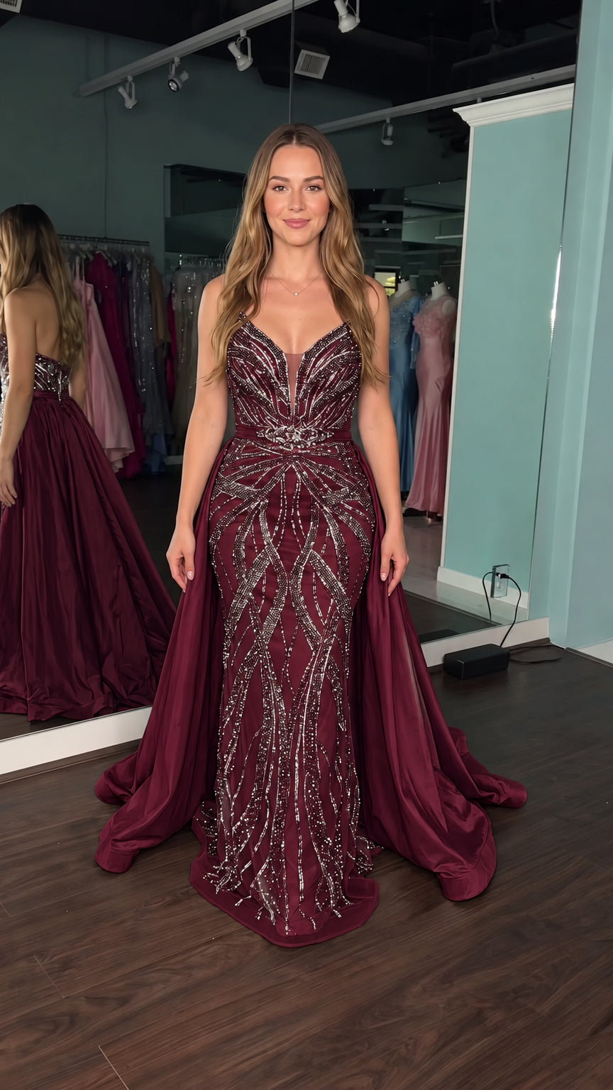 Sequined Mermaid Evening Gown with Detachable Overskirt