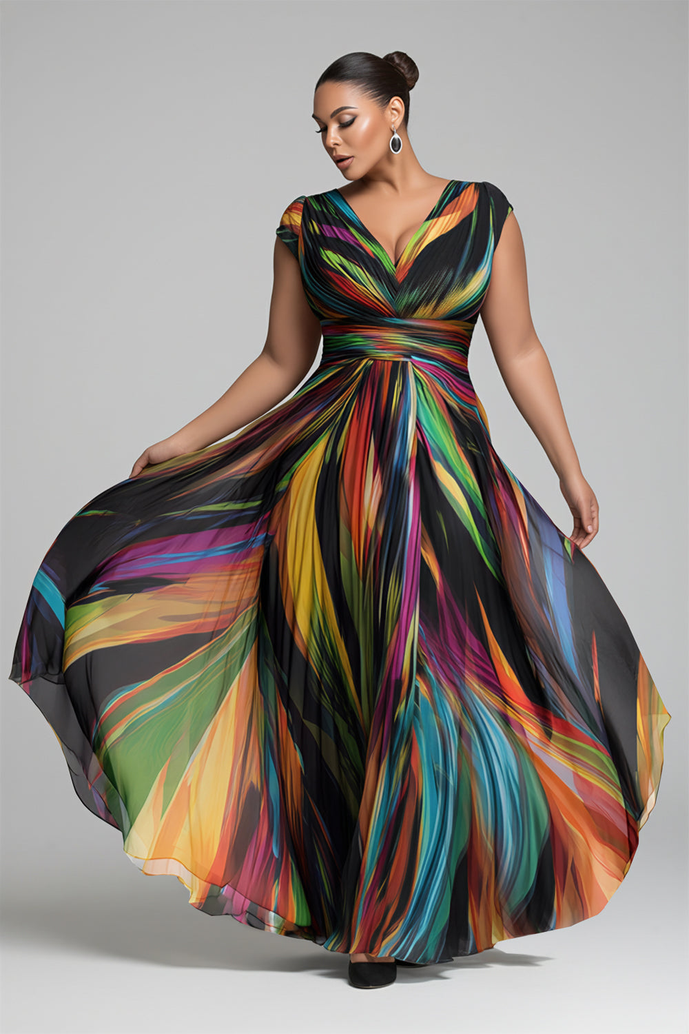 Elegant Multicolor Colorblock V Neck Short Sleeve Chiffon Maxi Dresses