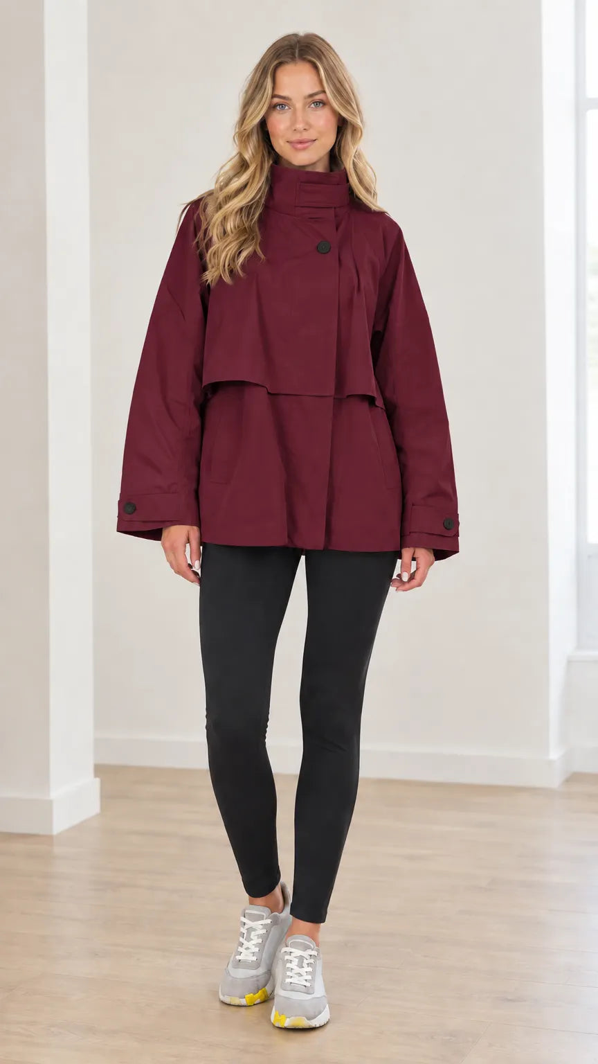 Women's High Neck Layered Flap Short Trench Coat Loose Windbreaker Jacket