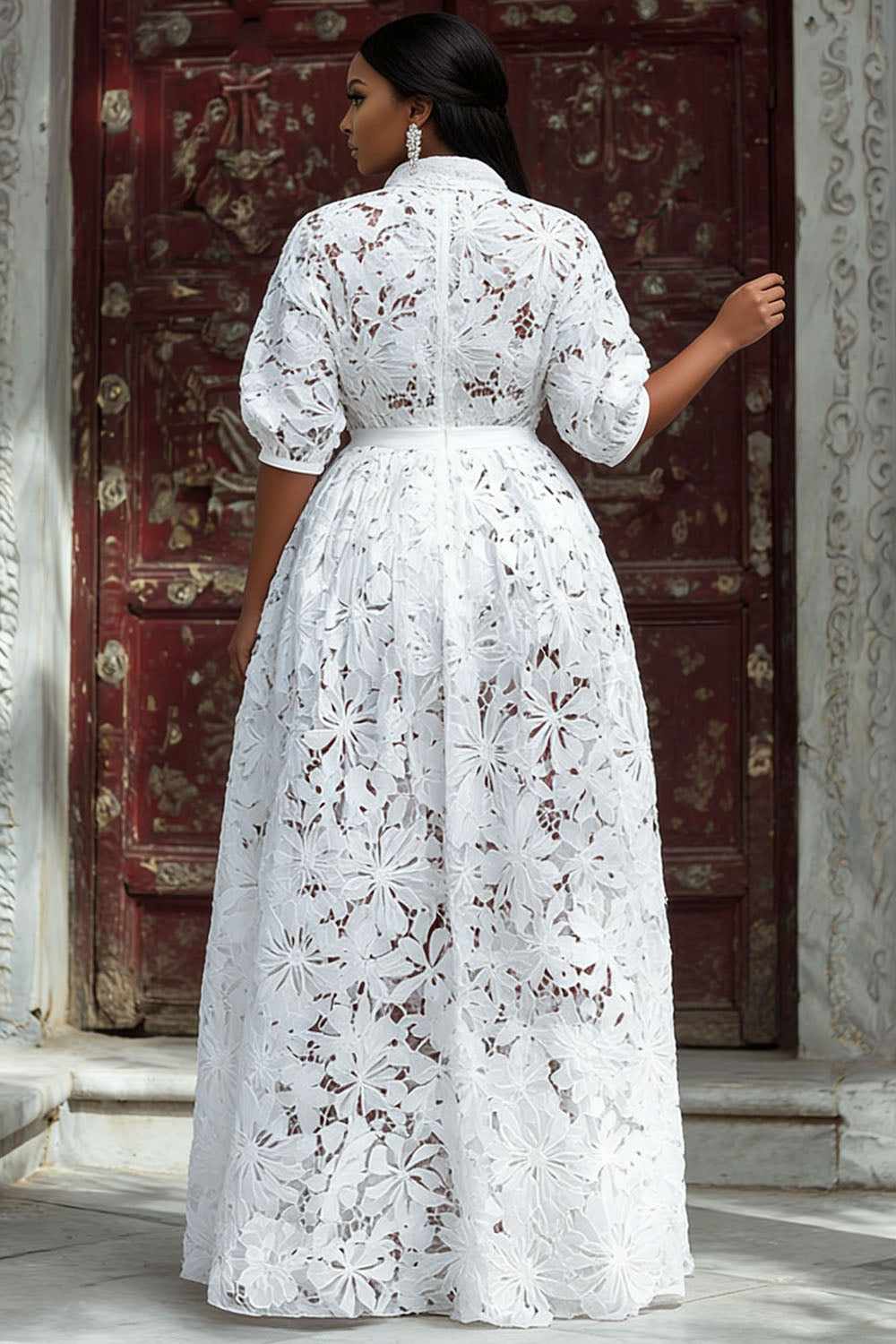 Wedding White V Neck Puff Sleeve Short Sleeve See Through Maxi Dresses