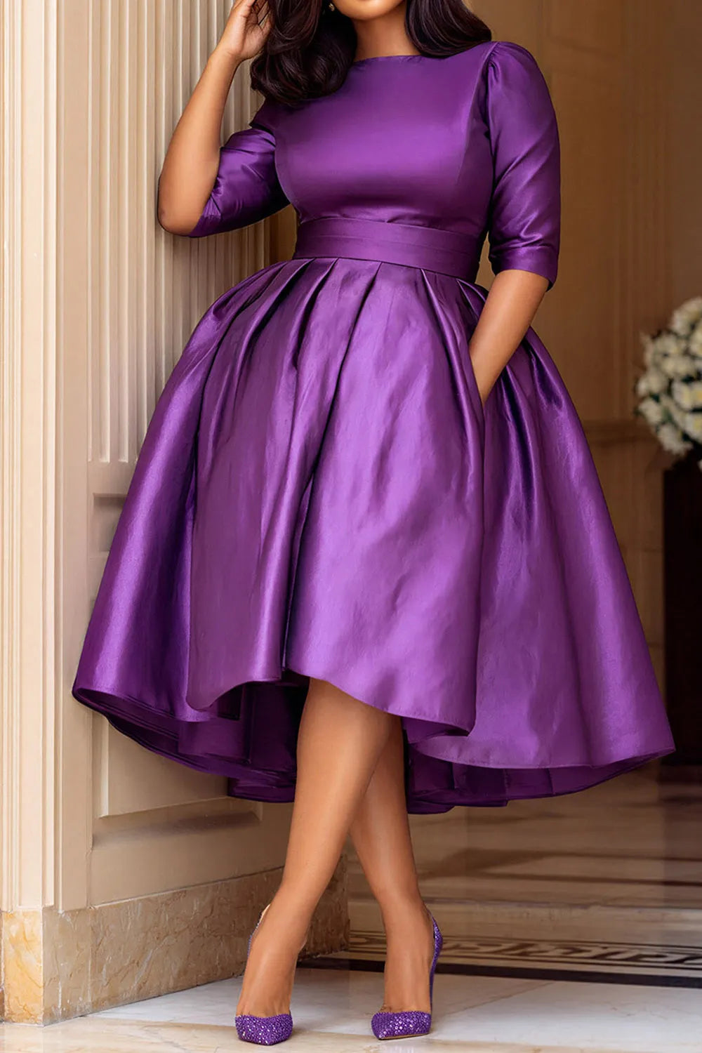Cocktail Party Purple Round Neck Half Sleeve Pocket Satin Midi Dresses