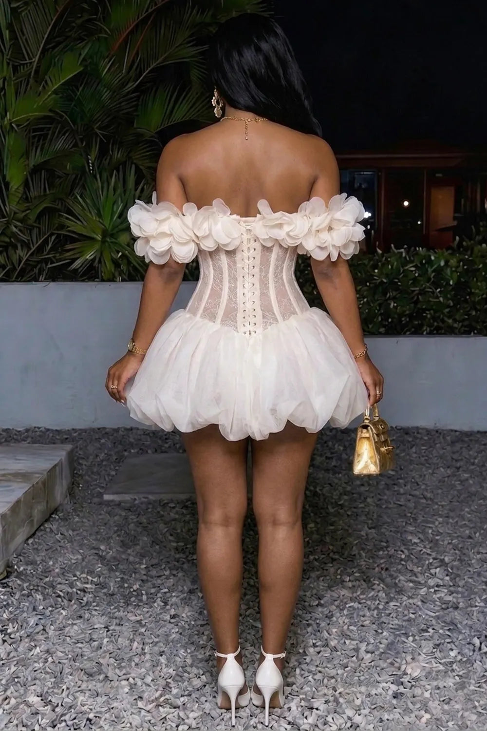 Off Shoulder 3D Floral Corset Puff Hem Party Mini Dresses-Beige [Pre Order]
