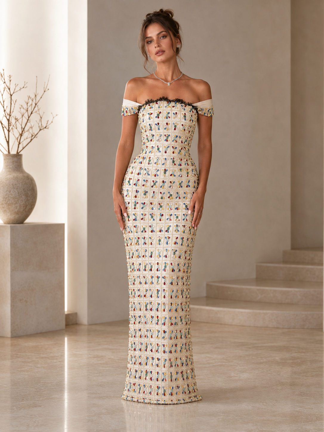 Off-Shoulder Embellished Mermaid Maxi Dress