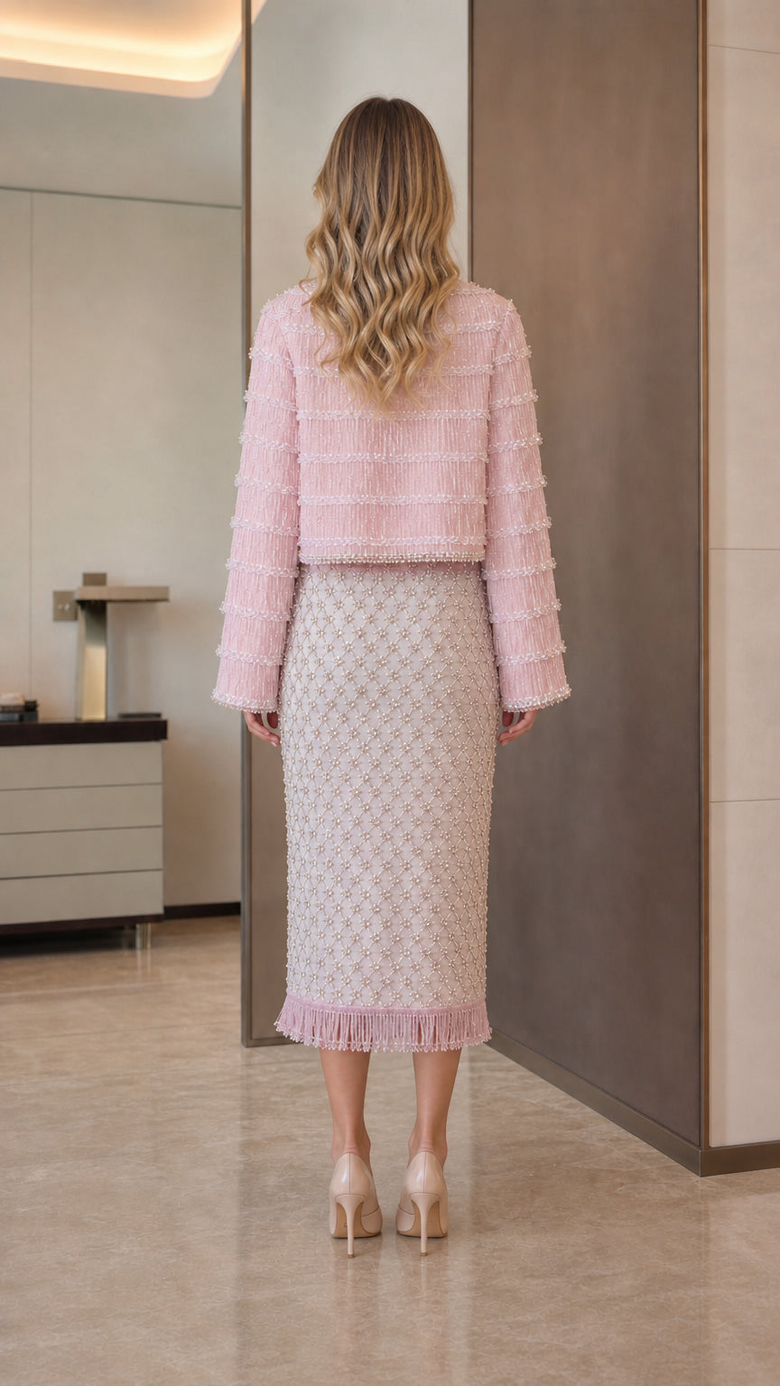 Elegance Tweed Open-Front Crop Jacket & Midi Skirt Set