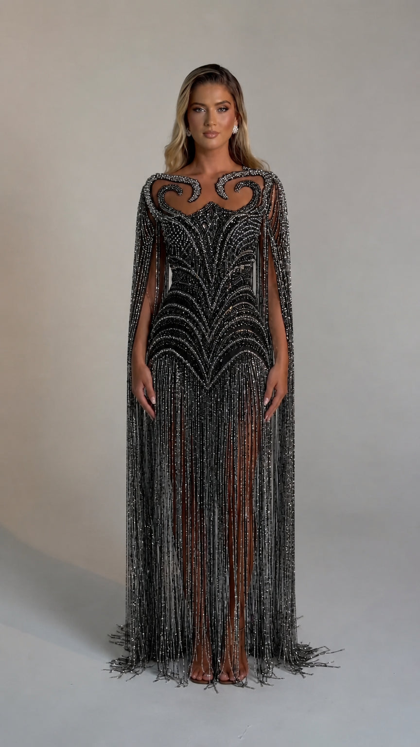 Luminous Beaded Fringe Cape Evening Gown