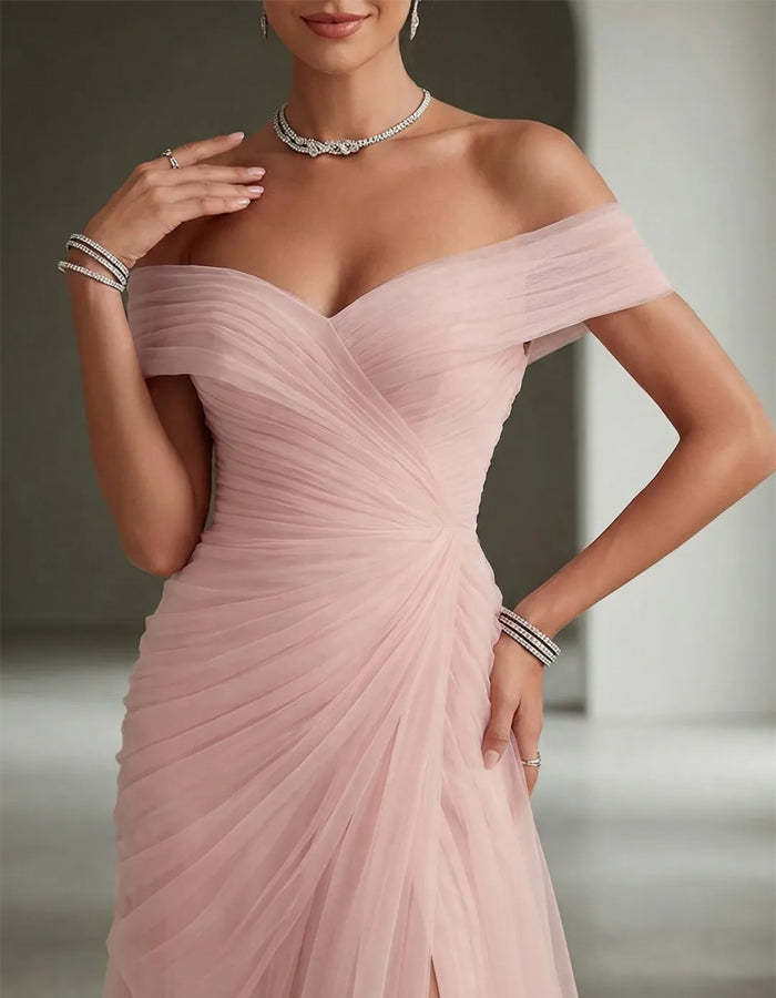 Solid Color Off Shoulder Mesh Ruching And Slit  Maxi Dress