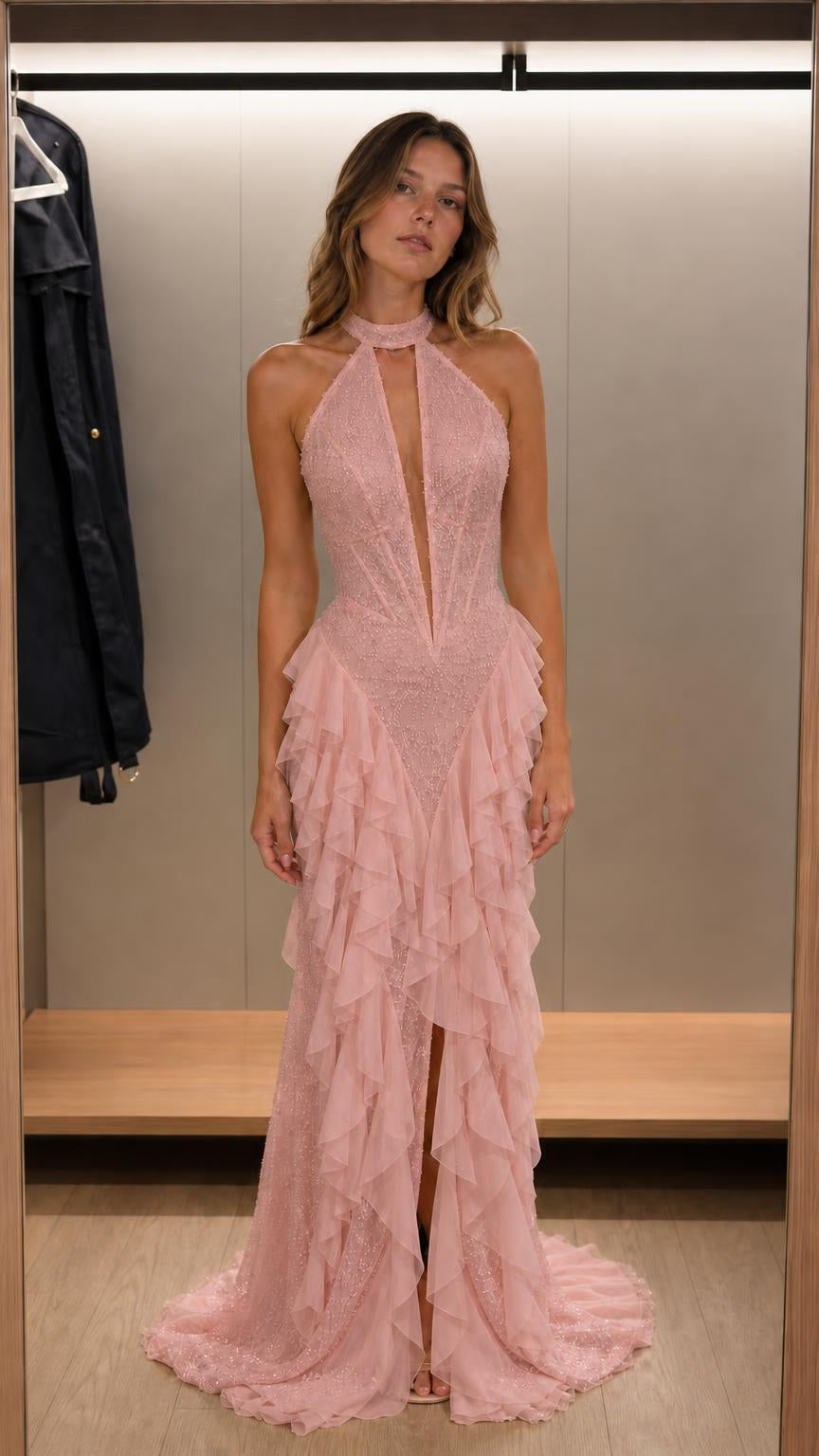 Elegance Halter Neck Beaded Ruffle Maxi Dress