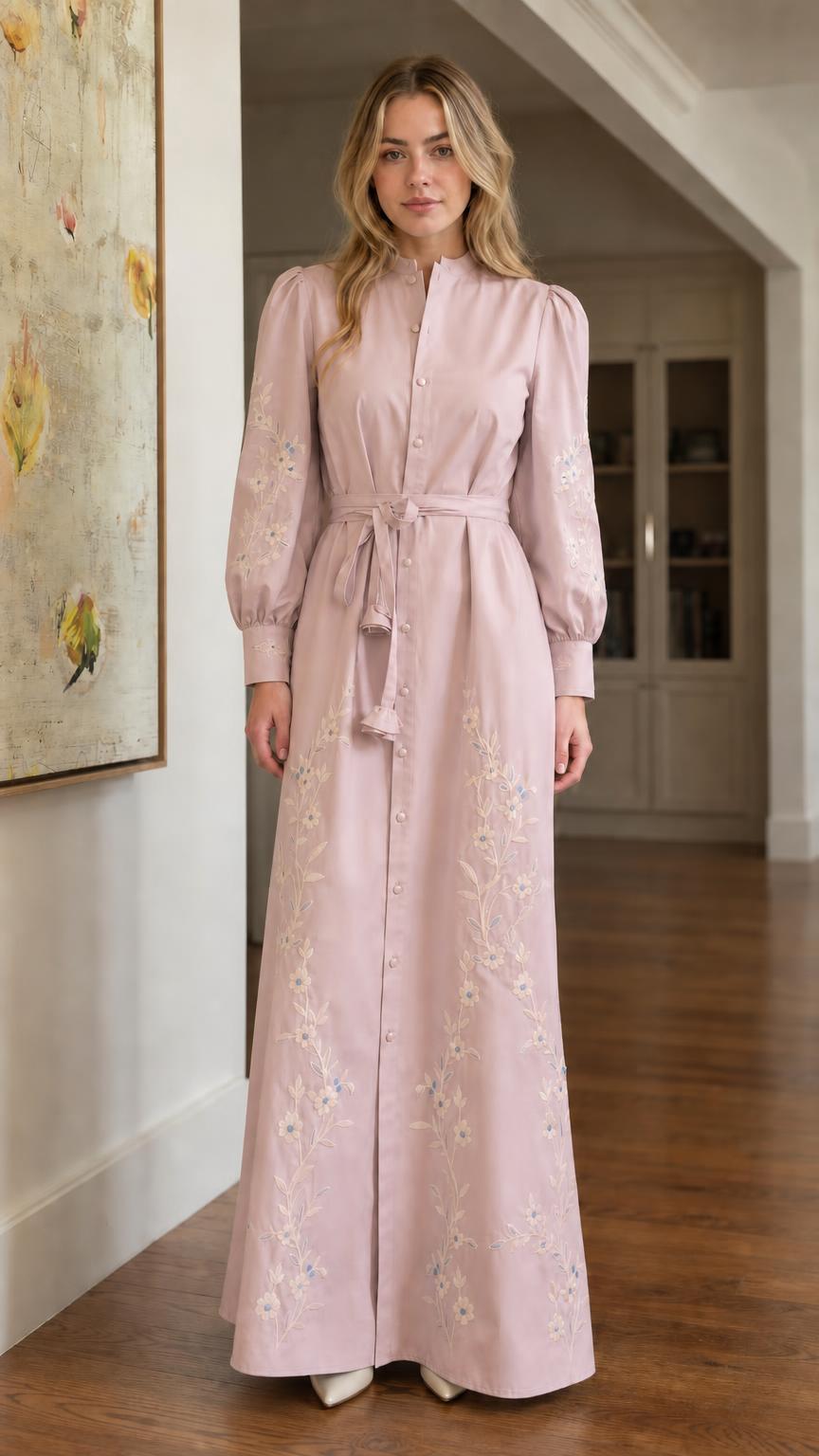Elegant Floral Embroidered Maxi Shirt Dress with Self-Tie Belt