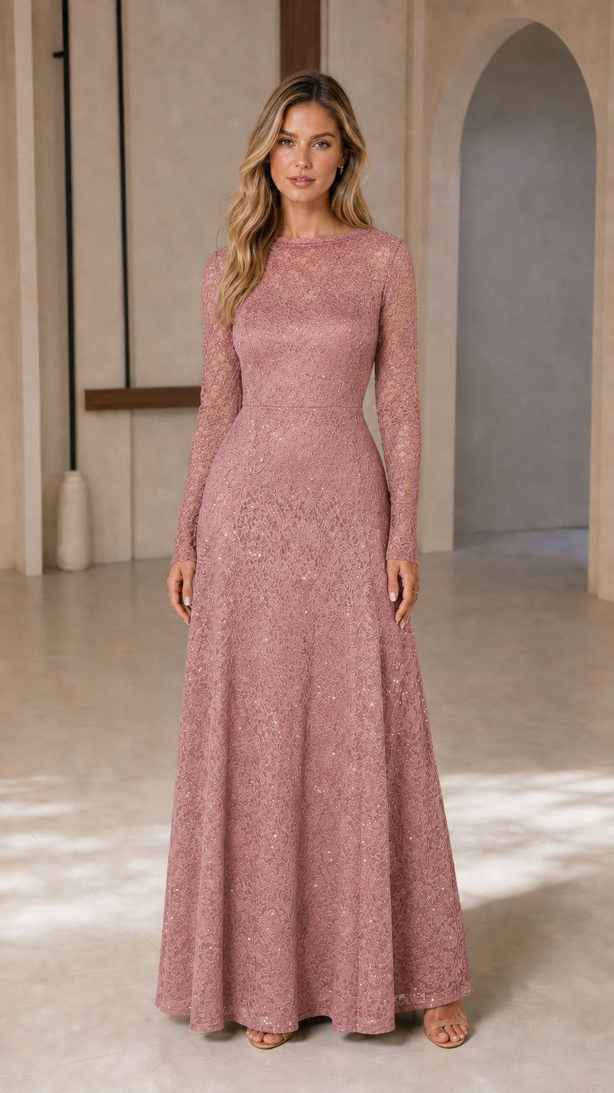 Women's Long-Sleeve Sequin Lace Evening Gown