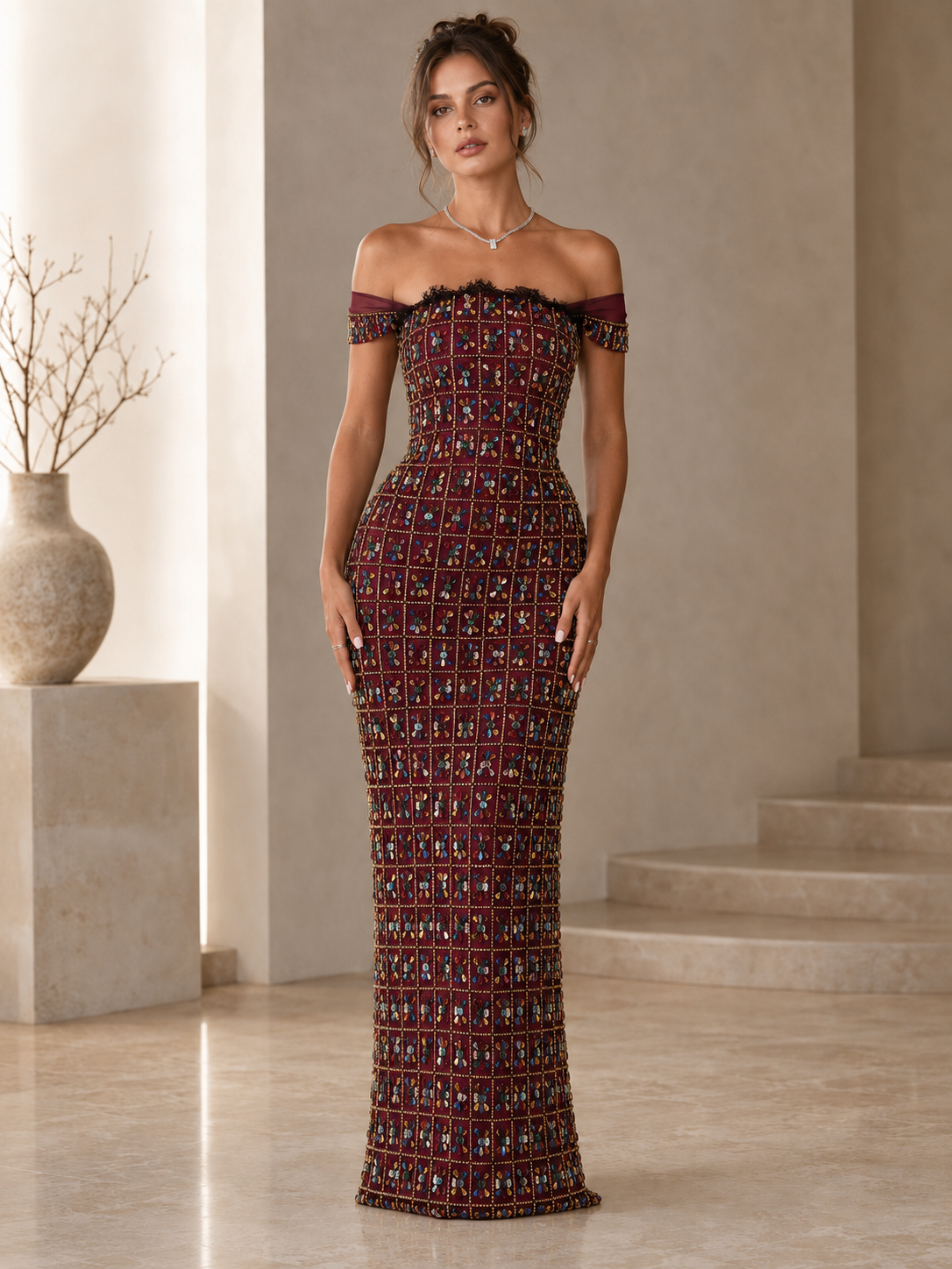 Off-Shoulder Embellished Mermaid Maxi Dress