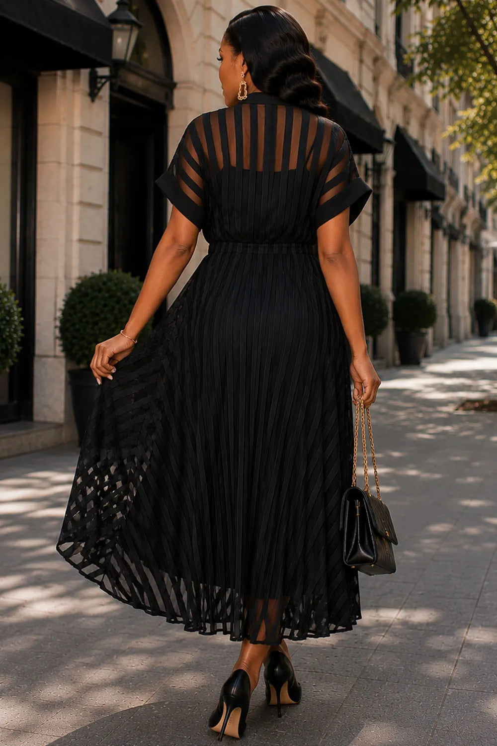 Business Casual Black Shirt Collar Short Sleeve See Through Button Midi Dresses