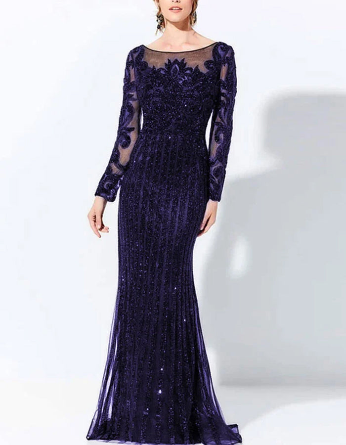 Round Neck Sequined Lace Long Sleeves Maxi Dress