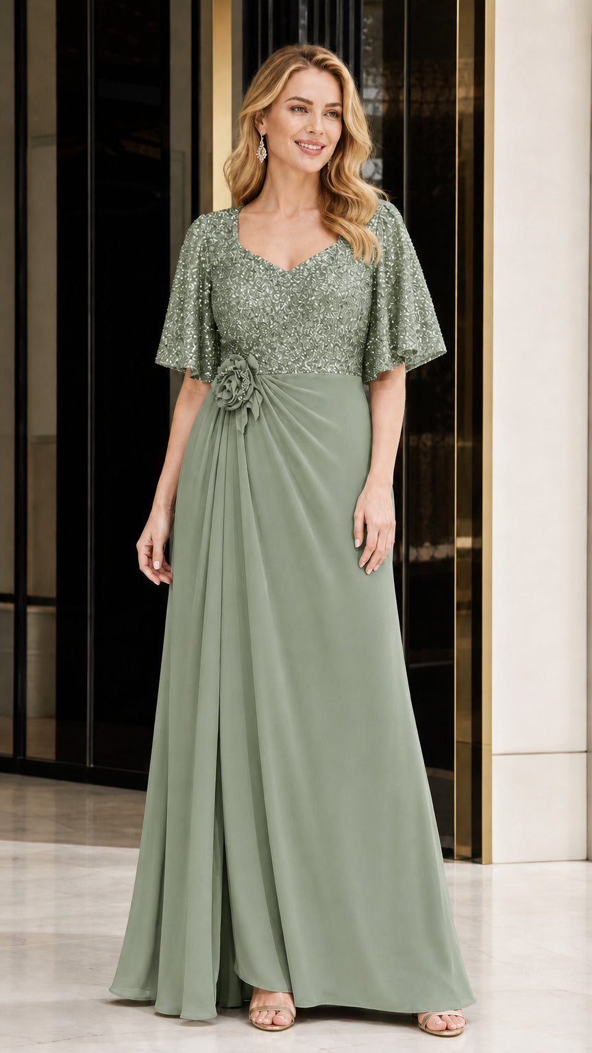 Elegant Sequin V-Neck Flare Sleeve Formal Evening Gown