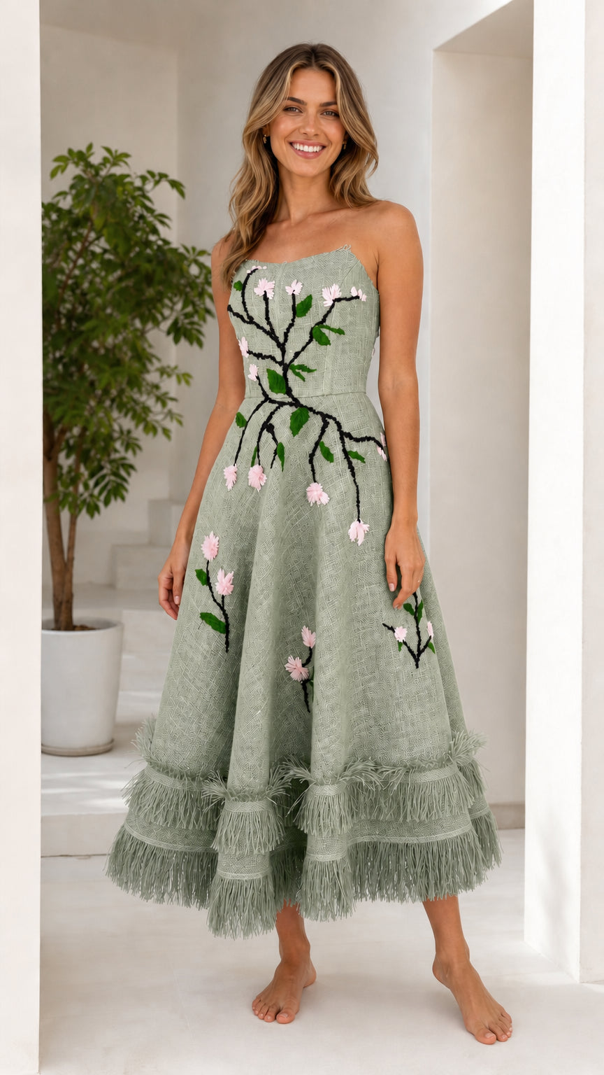 Stunning Embroidered Floral Strapless Midi Dress