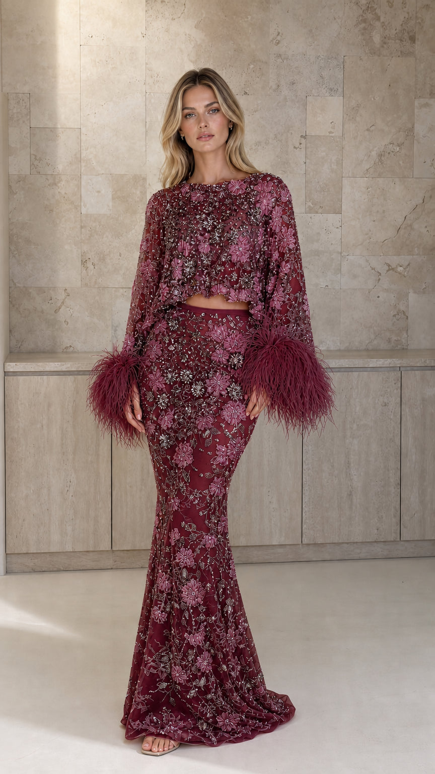 Embellished Two-Piece Feather Trim Crop Top and Maxi Skirt Set