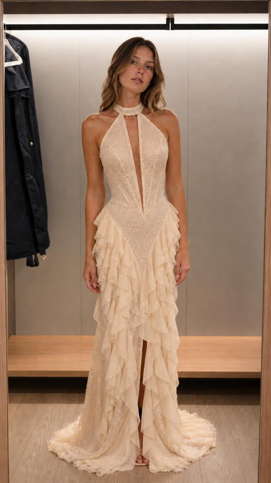 Elegance Halter Neck Beaded Ruffle Maxi Dress