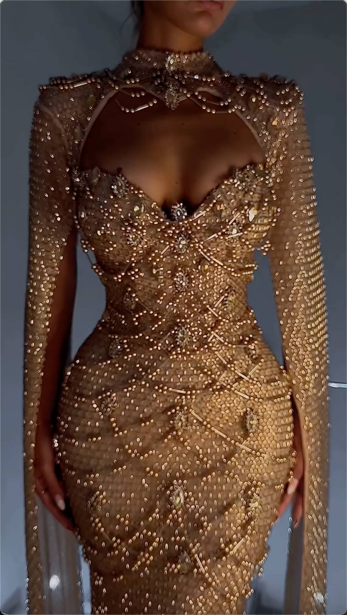 Opulent Gold High-Neck Long-Sleeve Mermaid Maxi Dress with Crystal-Encrusted Mesh & Keyhole Cutout