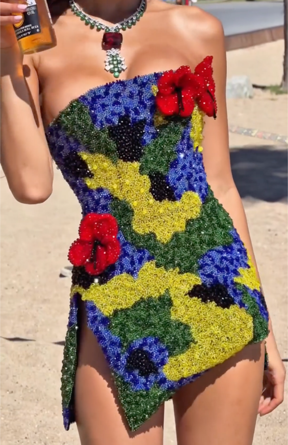 Multicolor Strapless Mini Dress Set - Floral Beaded Corset Party Dresses in 2 Colorways