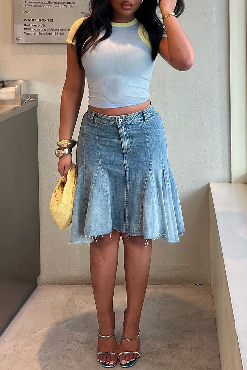 Women's Fashion Flounce Panel Hem Denim Skirt