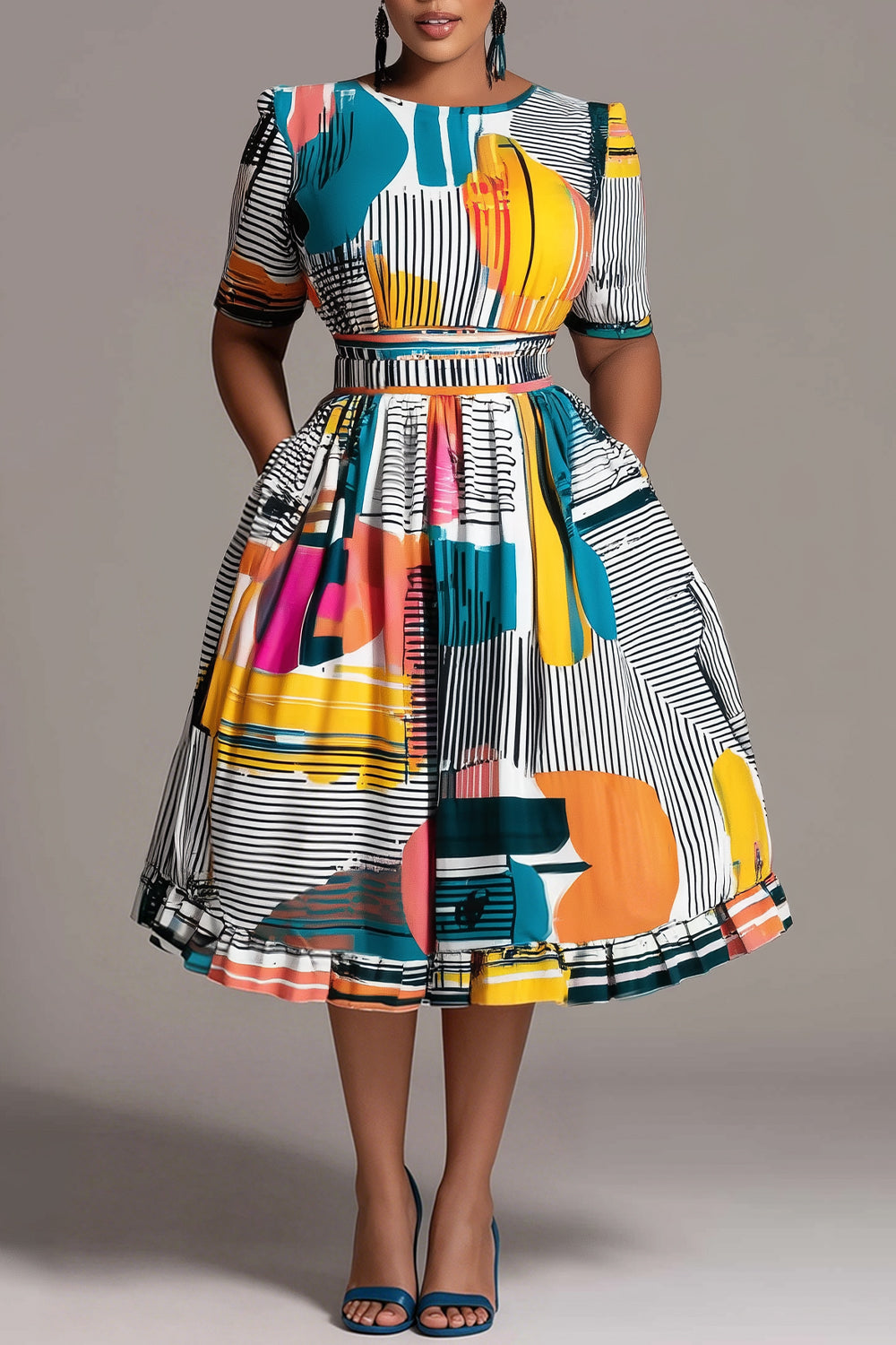 Business Casual Multicolor All Over Print Round Neck Short Sleeve Pocket Midi Dresses