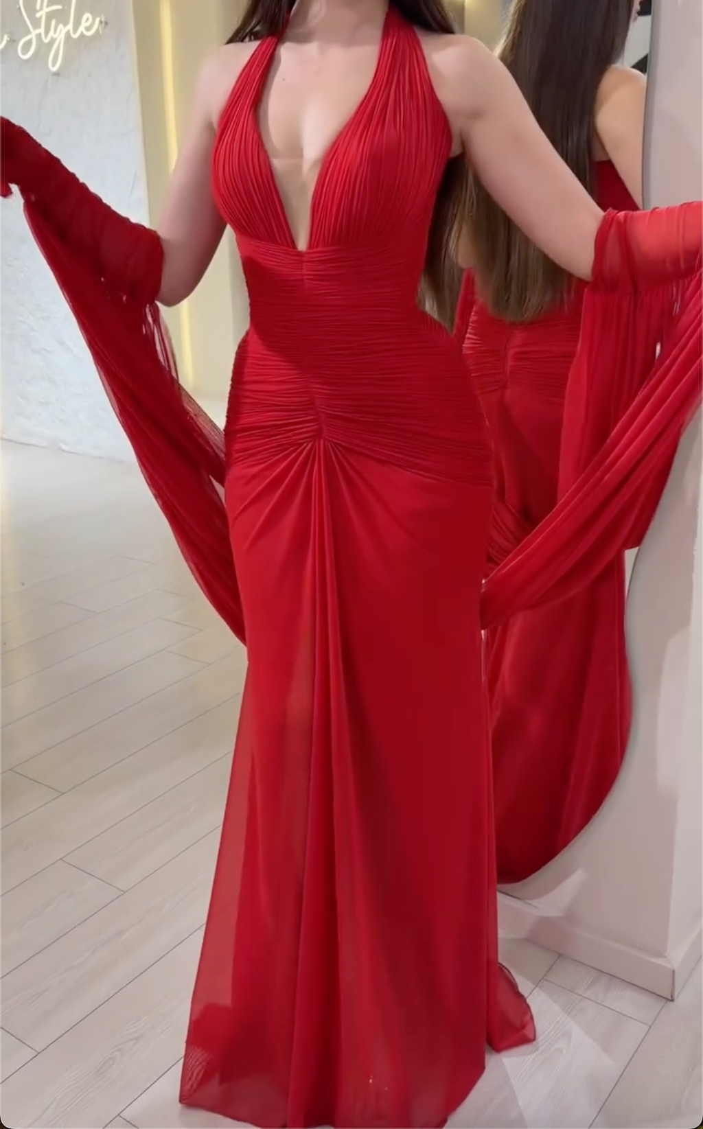 Red Halter Neck Chiffon Maxi Dress - Deep V Ruched Formal Gown with Matching Draped Gloves
