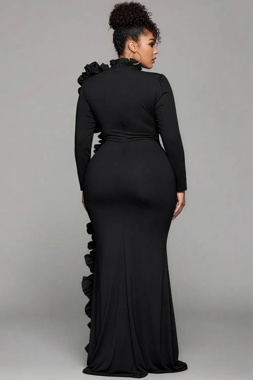 Black Round Neck Long Sleeve Split Elegant Ruffle 3D Satin Maxi Dresses