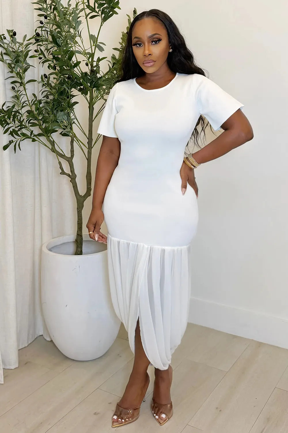 Round Neck Short Sleeve Irregular Hem Casual Midi Dresses-White [Pre Order]