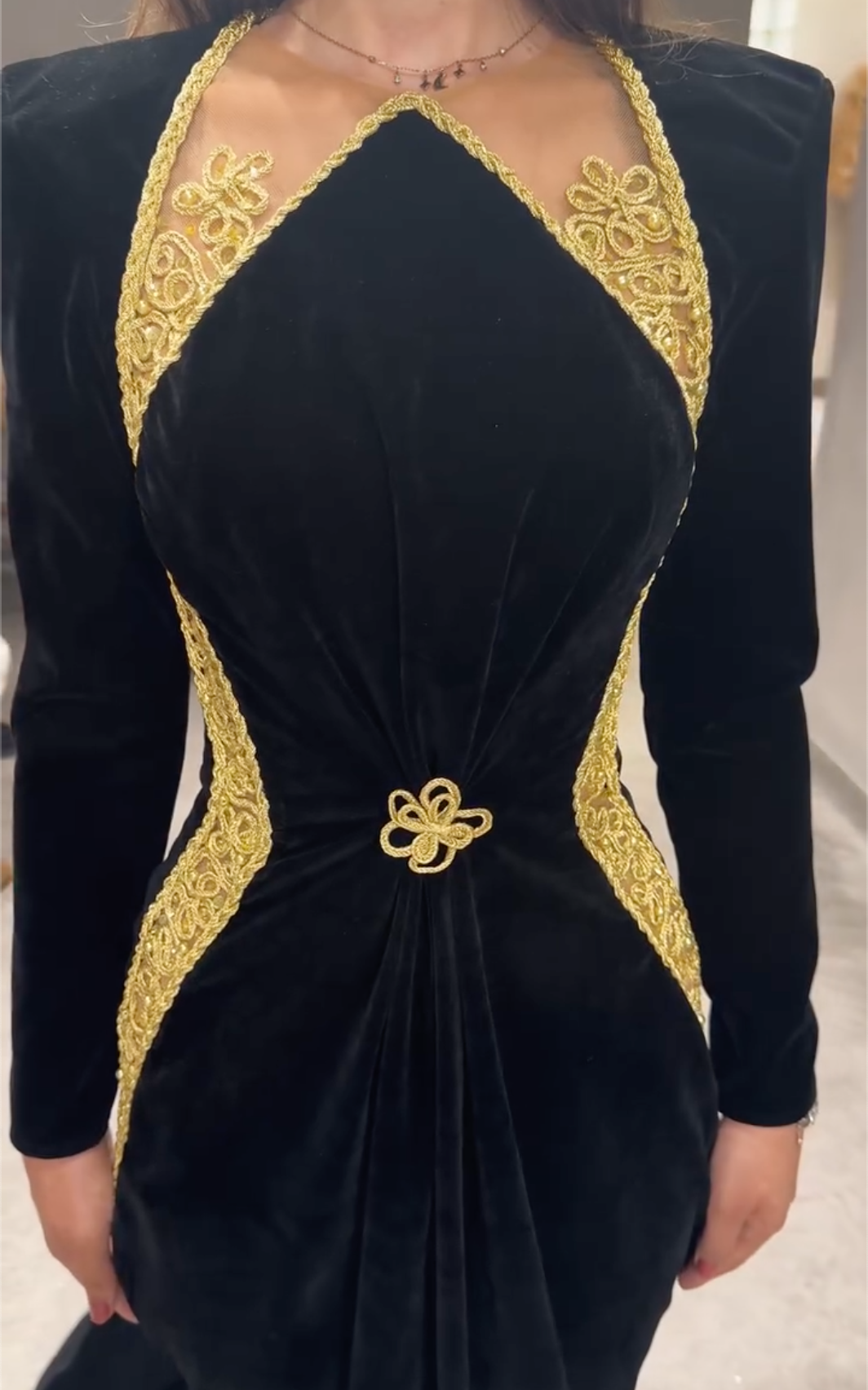 Black Velvet Maxi Dress with Gold Embroidery & Sheer Mesh Panels