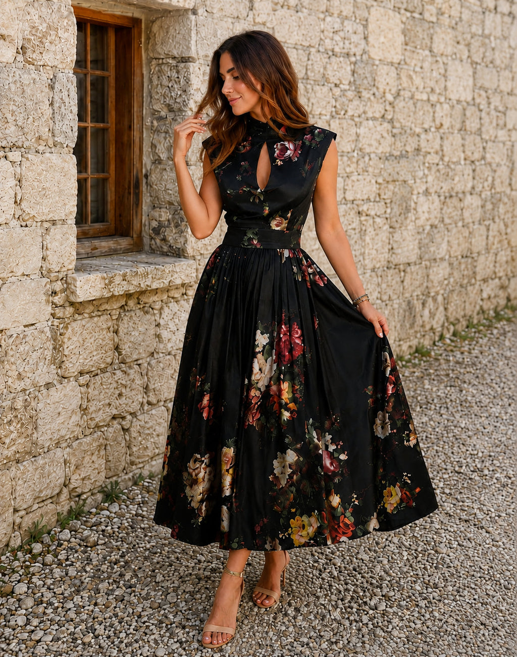Midnight Garden Vintage Floral Pleated Maxi Dress