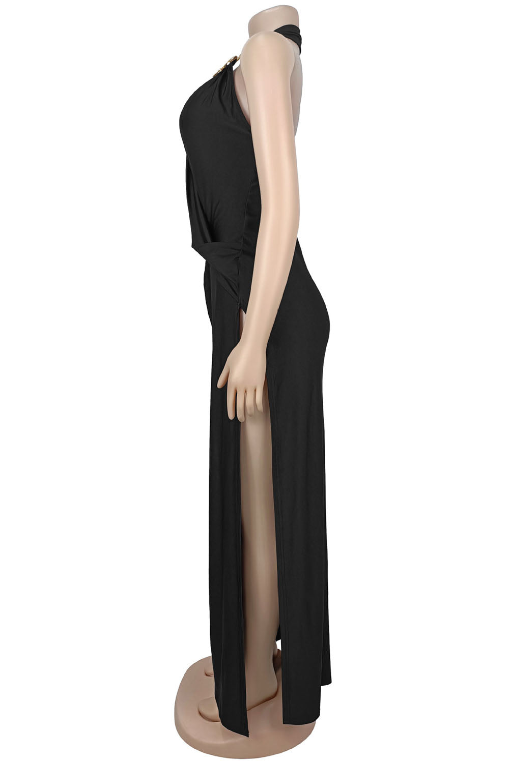 Deep V Halter Neck Waist Ruched Side High Slit Vacation Maxi Dresses-Black