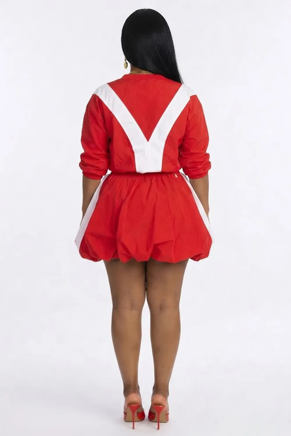 Contrast Turndown Collar Zipper Top Drawstring Puff Mini Skirt 2pcs Set-Red