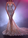Champagne Nude Crystal Embellished Plunge Neck Mermaid Maxi Dress
