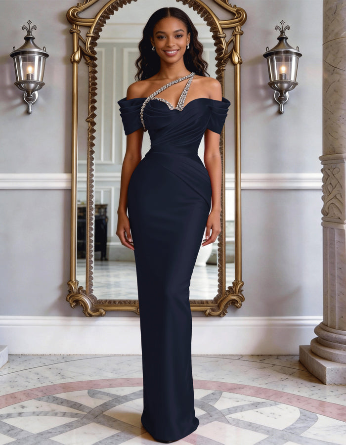 Solid Color Satin Off Shoulder Rhinestone Fishtail Maxi Dress