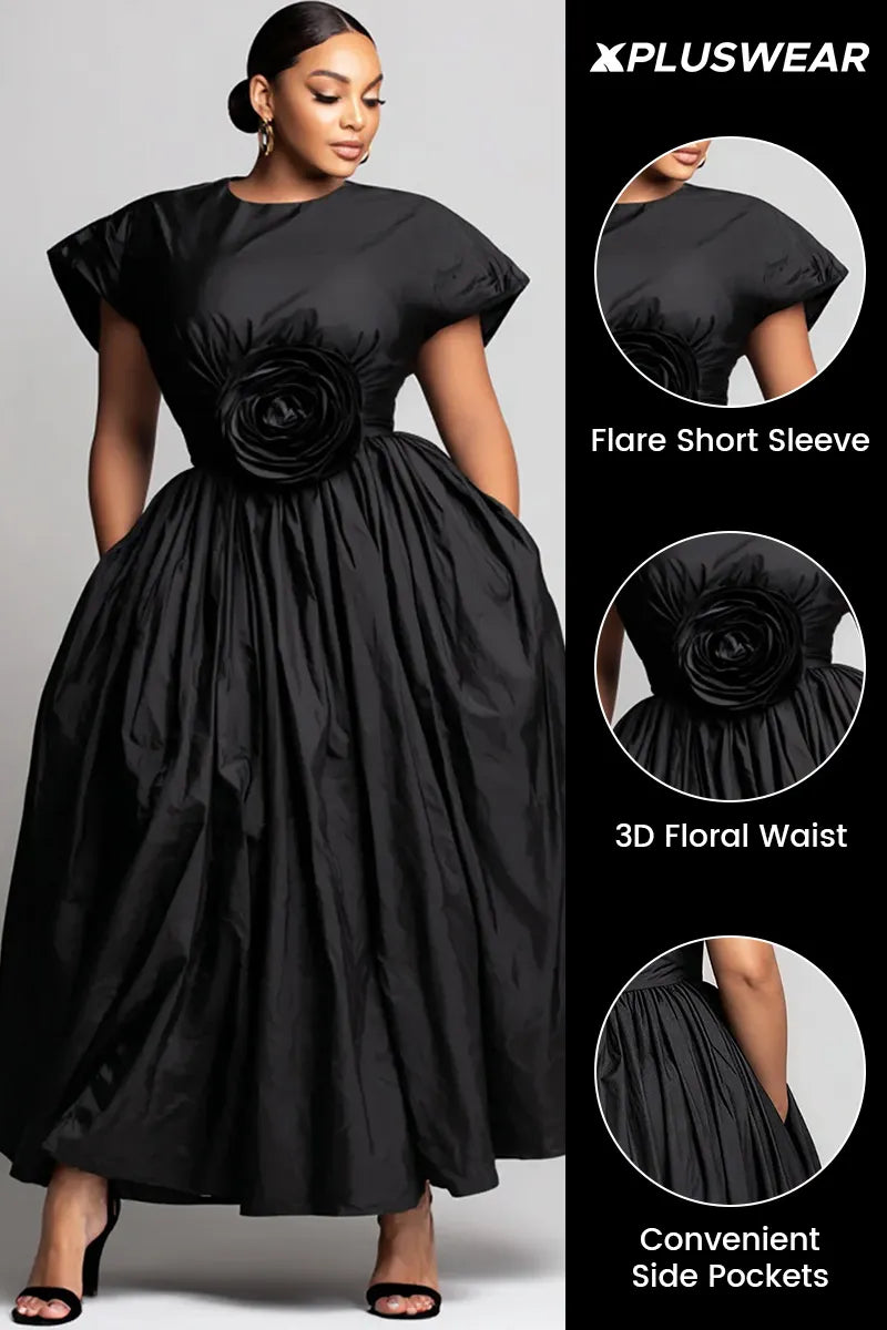 Semi  Black Round Neck Short Sleeve 3D Casual Pocket Maxi Dresses