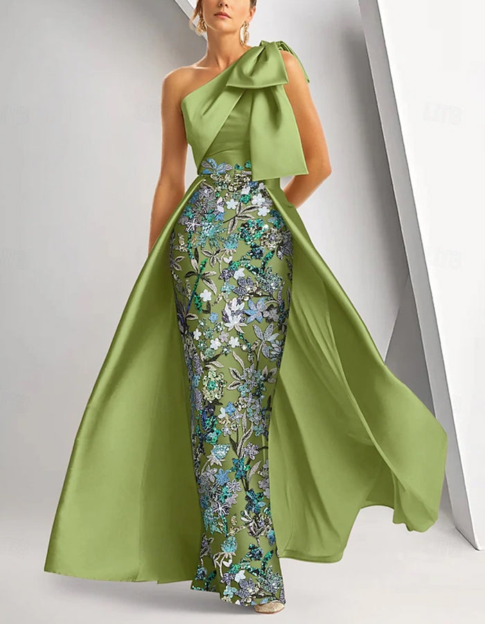 One Shoulder Satin Sequin Bodycon Maxi Dress