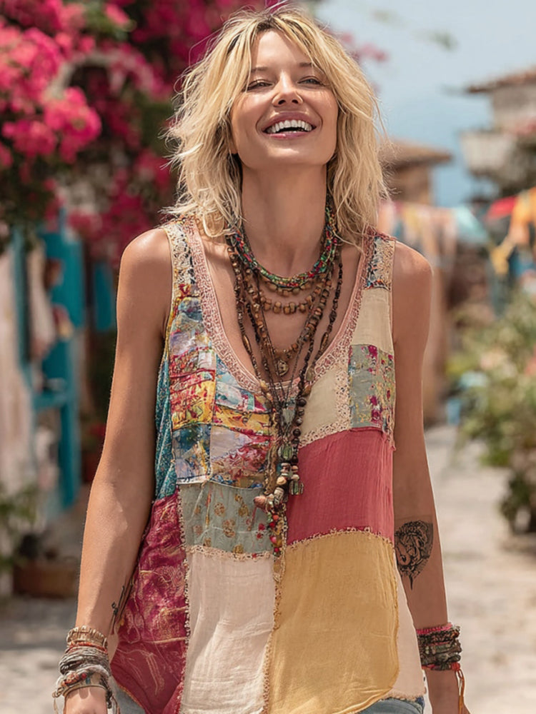 Women Vintage Floral Geometry Art  Linen V Neck Tank Top