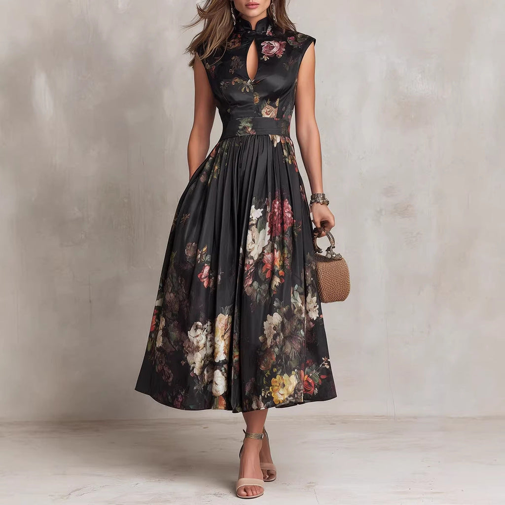 Midnight Garden Vintage Floral Pleated Maxi Dress