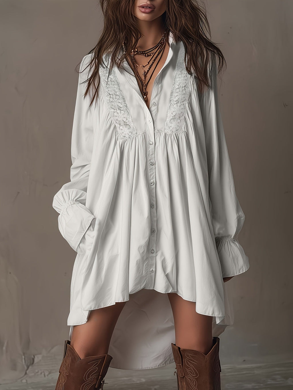Ivory Whisper Bohemian Lace Shirt Dress
